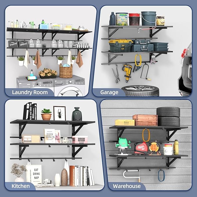 2-Pack 2x4ft Garage Shelving Wall Mounted, Heavy Duty Garage Storage Shelves with 12 Hooks, 2' x 4' Wall Mount Shelves with 500LBS Capacaity