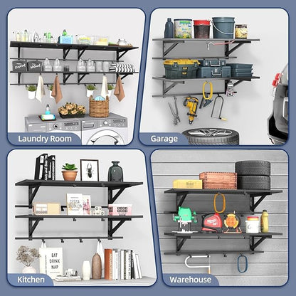 2-Pack 2x4ft Garage Shelving Wall Mounted, Heavy Duty Garage Storage Shelves with 12 Hooks, 2' x 4' Wall Mount Shelves with 500LBS Capacaity