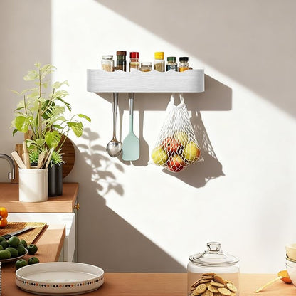 Wall Coat Rack Floating Shelves Modern Coat Rack Wall Mount with Storage Entryway Shelf Wooden Hanger 20 Inch 4 Hidden Metal Hooks for Living Room Bedroom (Wavy White, 5 Hooks)