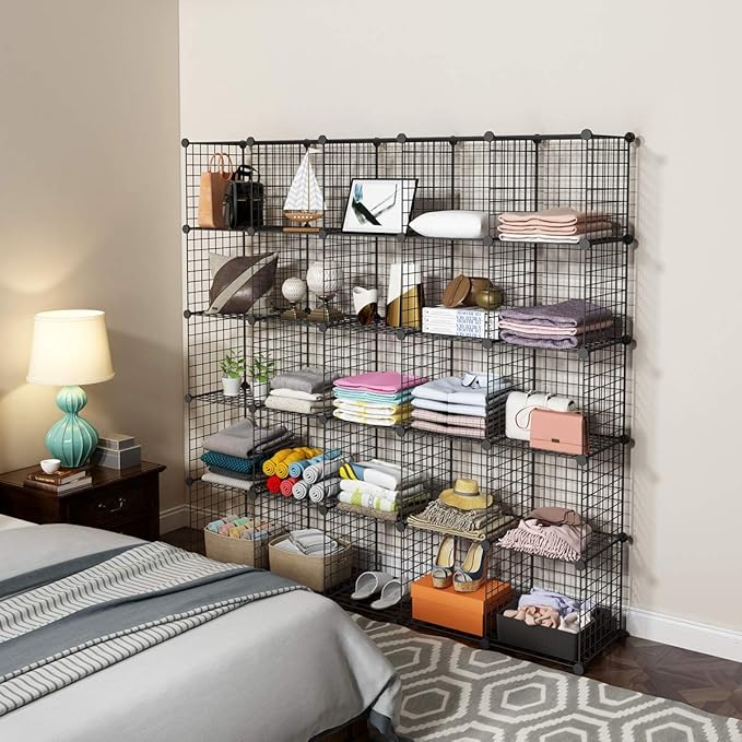 KOUSI 14"x14" Wire Cube Storage, Metal Grid Organizer, 25-Cube Modular Shelving Unit, Stackable Bookcase, Ideal for Living Room, Bedroom, Office, Garage