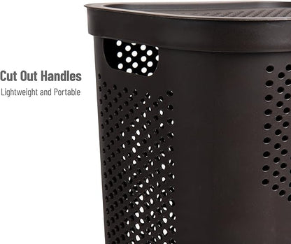 Mind Reader Slim Laundry Hamper with Lid, 60L Clothes Basket, Ventilated Plastic, Brown