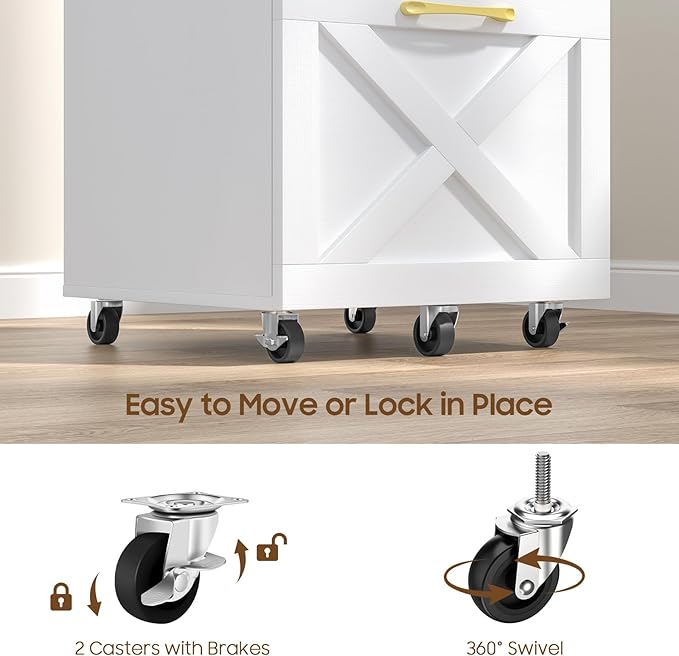 2 Drawer Small File Cabinet with Wheels, Farmhouse Vertical Filing Cabinet Fits A4/Letter Size, Under Desk Rolling File Cabinets for Home Office, Wooden Printer Stand, White