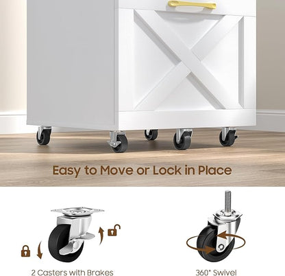 2 Drawer Small File Cabinet with Wheels, Farmhouse Vertical Filing Cabinet Fits A4/Letter Size, Under Desk Rolling File Cabinets for Home Office, Wooden Printer Stand, White