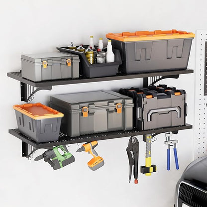 YOLENY 2-Pack 1.64x4FT Adjustable Garage Wall Shelving, 500lbs Load Capacity Heavy Duty Wall Mount Storage Shelf, Metal Floating Shelves Organizer for Workshop, Garage Storage Rack with Hooks