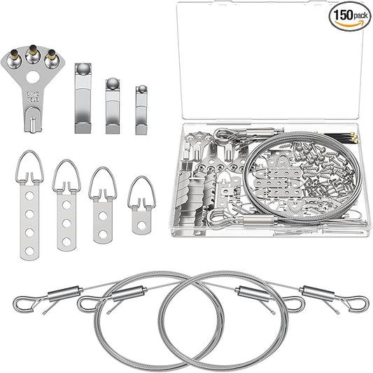 Uniclife 150 Pcs Picture Hanging Kit, 6.6 ft x 1/16" Picture Hanging Wire, Picture Wire Hanging Kit with D Rings, Hooks, Nails & Screws, Picture Hangers for Photo Frame, Mirror, Curtain & Art