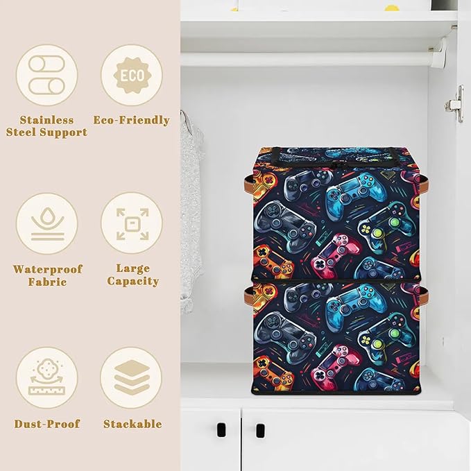 Video Game Storage Bins with Zipper Lid, Collapsible Fabric Storage Basket with Leather Handles Closet Shelf Cloth Organizer Basket for Nursery Bedroom Clothes Toy