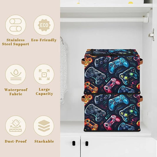 Video Game Storage Bins with Zipper Lid, Collapsible Fabric Storage Basket with Leather Handles Closet Shelf Cloth Organizer Basket for Nursery Bedroom Clothes Toy