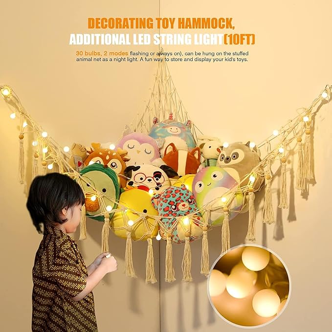 Stuffed Animal Storage Macrame Boho Plush Toy Net Hammock for Stuffed Animals with Light Pet Net for Stuffed Animals Corner Hanging Stuffed Animal Holder Teddy Bear Net for Kids Room (White-1)