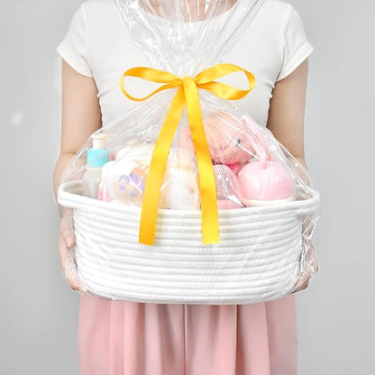ABenkle Small Basket Empty Gift Basket, Decorative Boho Rope Woven Nursery Storage Organizer Dog Toy Baskets for Baby Showers Christmas Easter with Gift Bags and Ribbons, 12"X 8" X 5"
