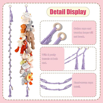 80" Cotton Hanging Storage Chain for Stuffed Animals Storage with 40 Metal Clips, Stuffed Animal Organizer Chain for Wall Corner Nursery Play Room, Purple