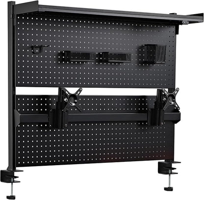 EUREKA ERGONOMIC Metal Pegboard, 43x34inch Clam on Desk Pegboard with Dual Monitor Stand, Garage Pegboard with 4 Accessories, Desk Shelves for Tool organizer, Office, Gaming Desk, Workbench, Black