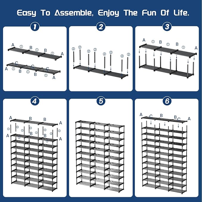 Mavivegue 3 Row 12 Tiers Shoe Rack, Large Storage Space, Metal Shoe Rack Organizer for Entryway, Closet, Bedroom, Garage,Black