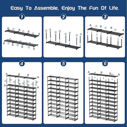 Mavivegue 3 Row 12 Tiers Shoe Rack, Large Storage Space, Metal Shoe Rack Organizer for Entryway, Closet, Bedroom, Garage,Black