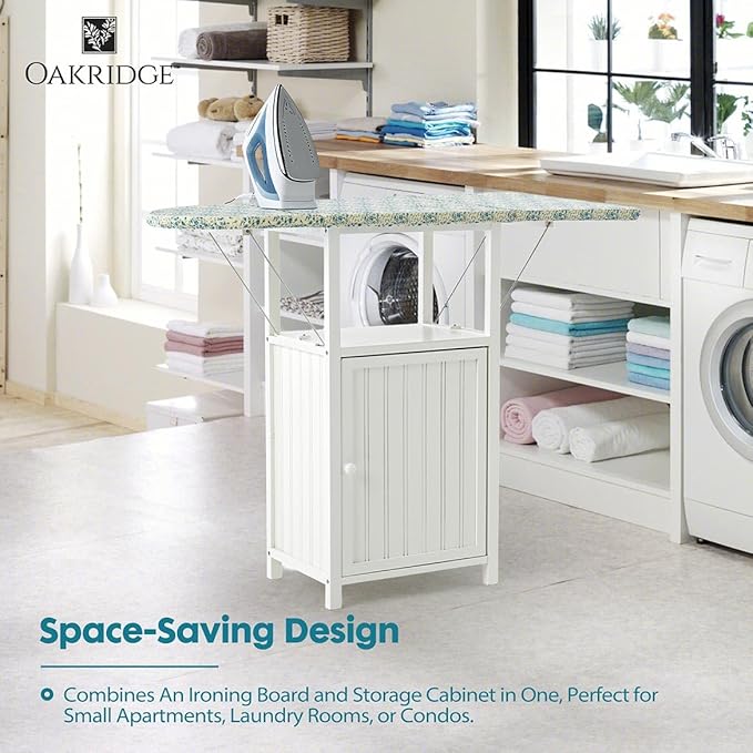 OakRidge Deluxe Ironing Board with Storage Cabinet, Perfect for Small Spaces with Extra Storage, Folding Station, Crafted with 100% Durable Wood, White Design – Measures 36.5" H x 15.5" W x 23" L