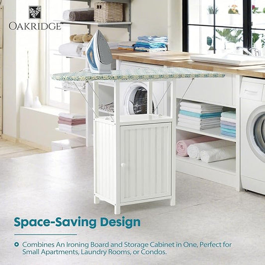 OakRidge Deluxe Ironing Board with Storage Cabinet, Perfect for Small Spaces with Extra Storage, Folding Station, Crafted with 100% Durable Wood, White Design – Measures 36.5" H x 15.5" W x 23" L