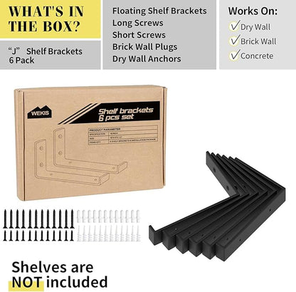 Shelf Bracket, Heavy Duty Floating Shelf Brackets 10-Inch Long, 6-Pack Brackets for Shelves, Black Coated J Shape Metal Wall Shelf Support Brackets with 1/5-Inch Thick and 160 lb. Load Capacity