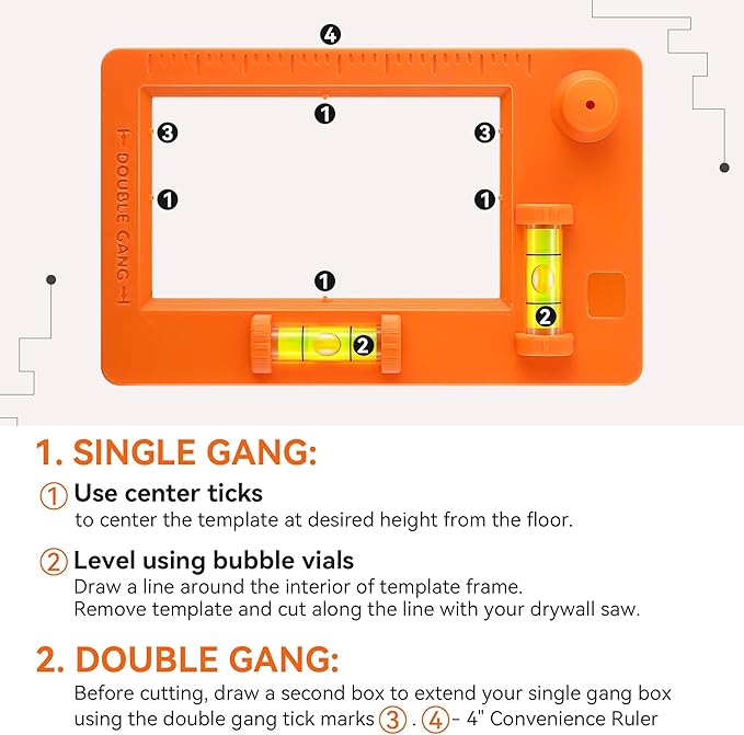 Low Voltage Mounting Bracket Template, Horizontal or Vertical Mounting Template for Single Gang and Double Gang Low Voltage Brackets, Easily Mark Out Cutouts(Orange)