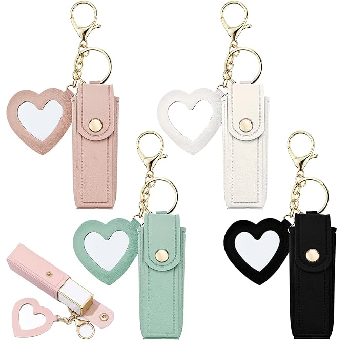 4 PACK PU Leather Potable Chapstick Holder Key Chain Bulk with Mirror, Lipstick Keychain, Lip Balm Organizer Holder Lipstick Travel Makeup Storage Case for Women Girls (Style 1)