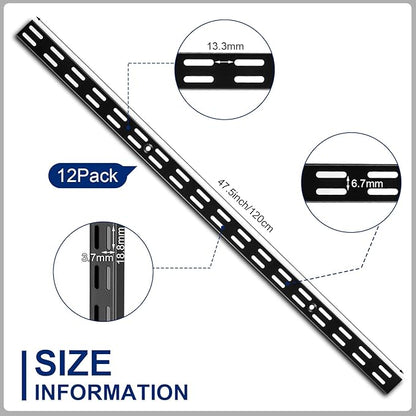 12 Pack 47 Inch Dual Track Upright Wall Shelving System Shelf Bracket Twin Slot Shelf Rail Twin Track Upright Heavy Duty Support System for Pantries, Linen Closets, Laundry Rooms (Black)