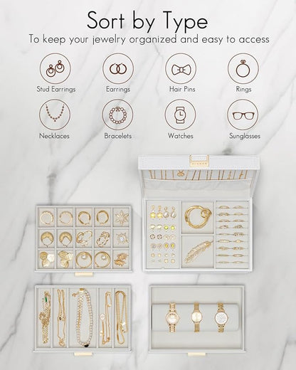 Vlando 4 Layer Large Jewelry Box - Jewelry Holder Organizer, Jewelry Box Organizer for Drawer Necklace Ring Bracelet and Watch, Birthday Gift for Loved Ones - Beige