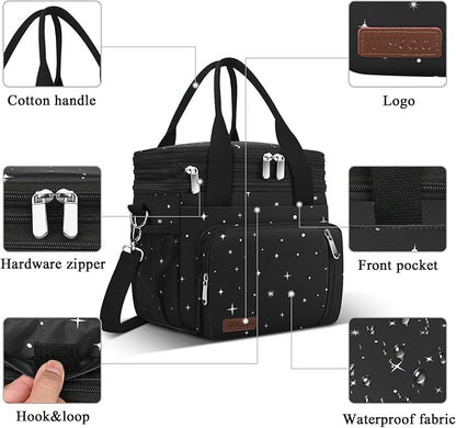 MIYCOO Lunch Bag & Lunch Box for Women Men, Double Deck Leakproof Insulated Soft Large Adult Camping Cooler bag for Work, Beach, Picnic, Travel (Black Starry Sky, 15L)