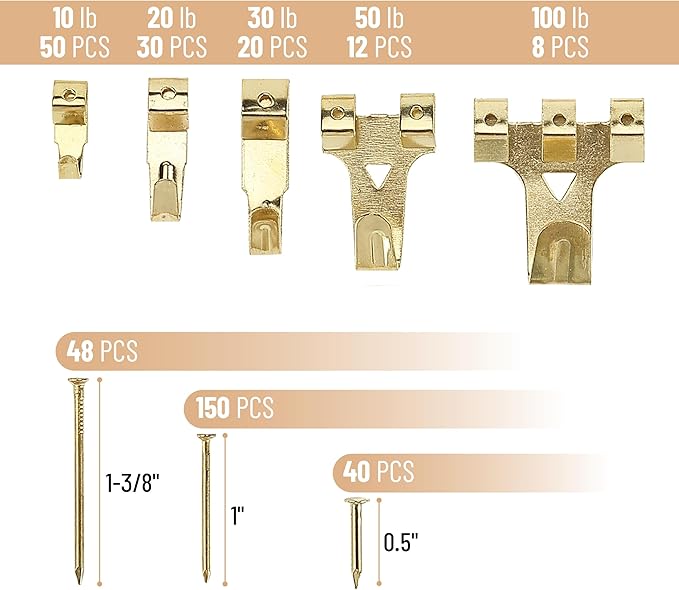 Mr. Pen- Picture Hanging Kit, 410pc, Gold, Picture Hangers Bulk, Nails for Hanging Pictures, Wall Hangers, Picture Hanging, Picture Hanging Hooks, Frame Hanging Hardware, Wall Hanging Kit