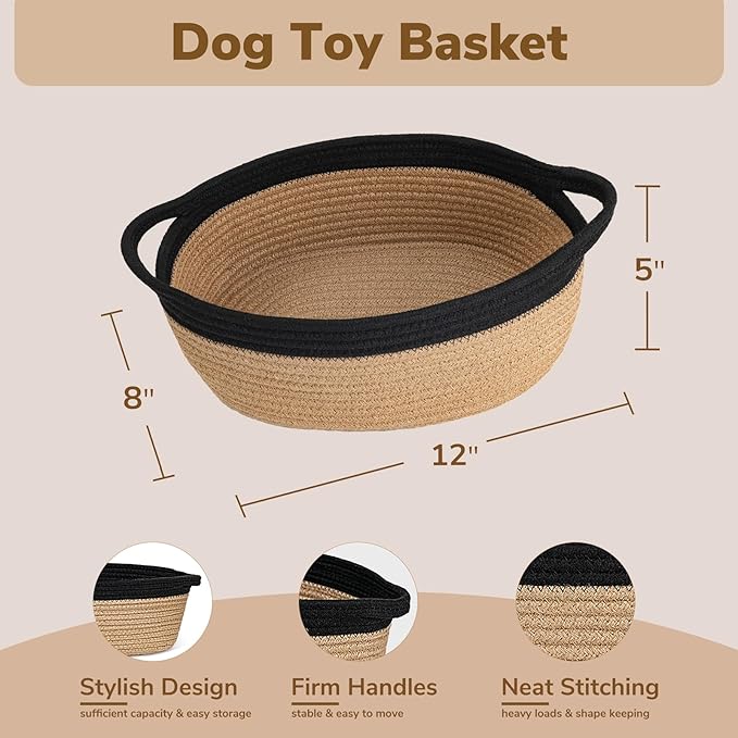 Goodpick Small Woven Basket, Decorative Basket for Home Decor, Small Woven Baskets with Handles for Gifts, Dog Toy Bin, Storage Baskets for Bathroom, Living Room, 12"x 8" x 5", Jute and Black