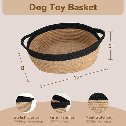 Goodpick Small Woven Basket, Decorative Basket for Home Decor, Small Woven Baskets with Handles for Gifts, Dog Toy Bin, Storage Baskets for Bathroom, Living Room, 12"x 8" x 5", Jute and Black