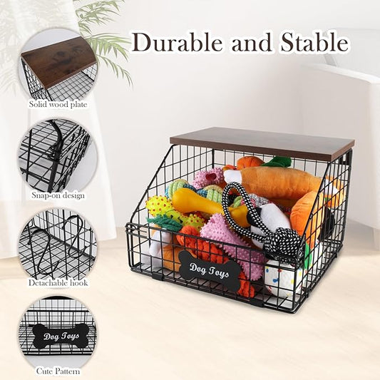 Metal Dog Toy Basket (11.8"x12"x8"),Dog Storage Organizer,Trapezoid Dog Toy Bin for Dog Accessories,Pet Stuff Storage Rack with Wood Shelf-Sturdy and Easy to Assemble