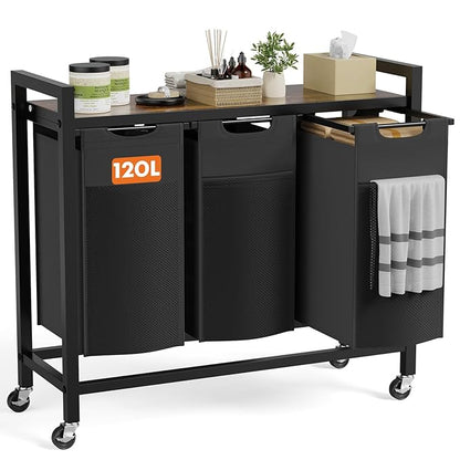 DUMOS Laundry Hamper with 3 Pull-Out Removable Sorter Bags, Movable Wheels, Freestanding Clothes Basket Organizer in Bathroom, 3 × 10.6 Gal (120L) Capacity, Rustic Brown and Black