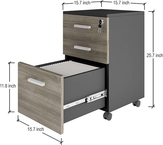 Modern Design Lazio File Cabinet, Filing Cabinets for Home Office, Drawers for Under Desk, Locking 3 Drawer Rolling Wood Filing Cabinet with Lock, Black and Grey, by Crafts and Comfort
