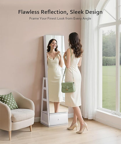 Nicetree 360°Swivel Jewelry Cabinet, Rotatable Full Length Mirror with Jewelry Storage, Standing Jewelry Armoire Organizer, Lockable Jewelry Organizer with 3 Rear Shelves, Bottom Drawer, Pure White