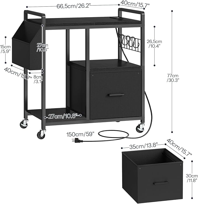 HOOBRO Printer Stand with Charging Station, Printer Shredder Stand with Wheels and File Drawer, Industrial Printer Cart, Mobile Table with Fabric Storage Pouch, for Home Office, Black BB09UPS01