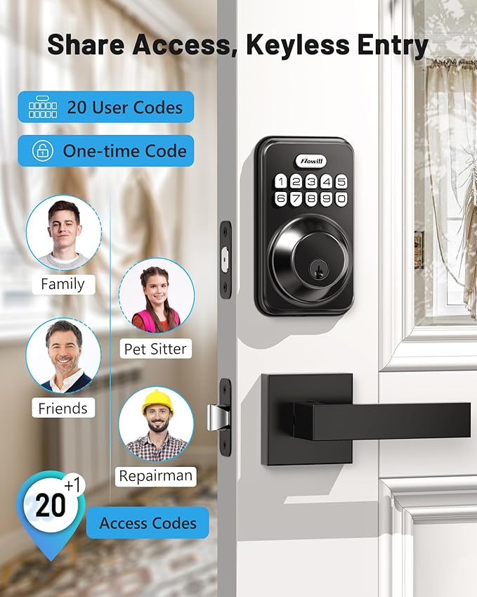 Zowill Keyless Entry Door Lock with 2 Lever Handles, Zowill Electronic Keypad Deadbolt, Auto-Locking, Anti-Peeping Password, Digital Code Door Lock, Front Door Handle Sets, Matte Black