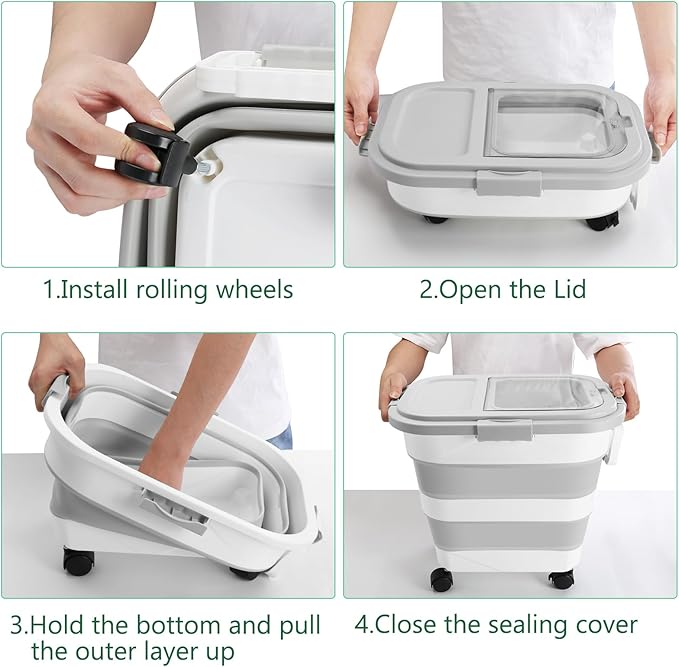 ShineMe Dog Food Storage Container, 30 Lbs Collapsible Food Storage Containers with Rolling Wheel Airtight Locking Lid, Cat Foods Bin with Cup and Scoop, Suitable for Pet Snack, Rice, Flour (Grey)