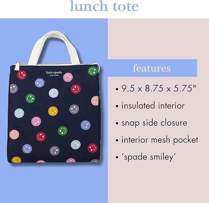 kate spade new york Cute Lunch Bag for Women, Large Capacity Adult Lunch Box with Silver Thermal Insulated Interior Lining and Storage Pocket (Spade Smiley)