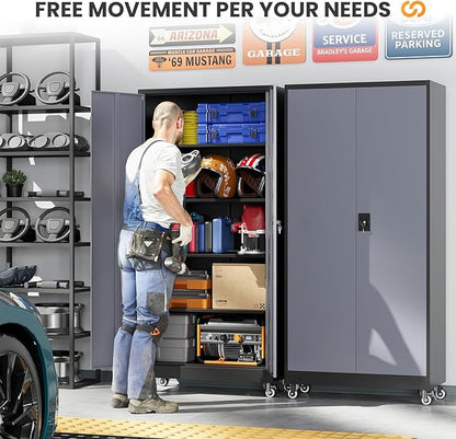 Metal Garage Cabinets with Wheels, Heavy Duty Rolling Storage Cabinet with Lock, Storage Caninet with 2 Doors and 4 Shelves, Tall Tool Cabnet on Wheels for Workshop/Home/Office-(Black Gray 75”H)