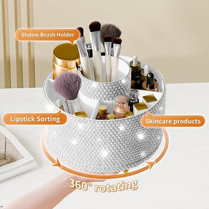 Bling 360° Rotate Makeup Brush Holder Organizer, Makeup Organizers Countertop, Makeup organization and Skincare Storage for Vanity, Gift for Women Girls (Bling dz-White)