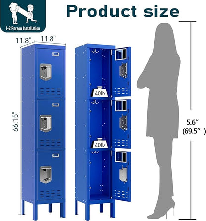 Metal Lockers - 66" Height Steel Lockers for Employees with 3 Door Storage Locker with Card Slot for Employees Gym School Home Office Garage - Assembly Required