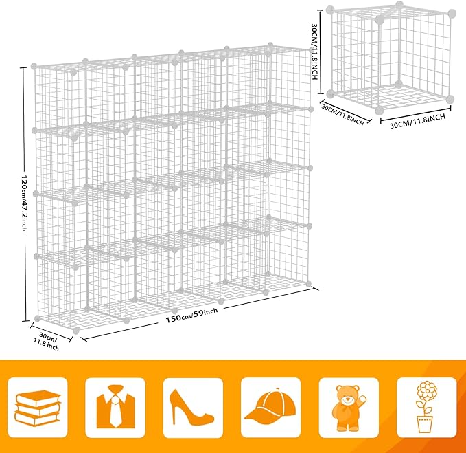 HUBSON Wire Cube Storage Organizer, Book/Toy/Craft/Potted Plants and petCloset Organizers and Storage Shelves, 20-Cube Freely Combinable Metal Grids Storage Shelf, White Iron