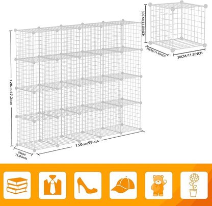 HUBSON Wire Cube Storage Organizer, Book/Toy/Craft/Potted Plants and petCloset Organizers and Storage Shelves, 20-Cube Freely Combinable Metal Grids Storage Shelf, White Iron