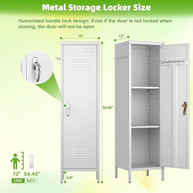 Lockable Metal Lockers with Handle,Metal Storage Locker with 2 Pegboard & 5 Hooks for Home,Office,School,White,Required Assembly,White