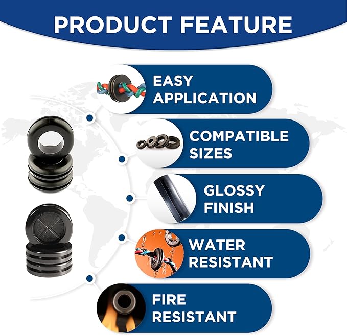 Rubber Grommet kit- Pack of 190 in 2 Types of Rubber Grommets for Wiring Including 2 Sizes of Hole Plugs & 8 Sizes of Wire Grommets- Firewall Grommet kit Handles Complete Safety & Sealing.