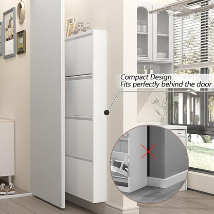GREATMEET Metal Shoe Cabinet with 4 Flip Drawers, Wall Mount Shoe Organizer for Entryway, Narrow Shoe Storage Cabinet for Entryway Slim, Hidden Shoes Rack (White, 4 FILP Drawers)