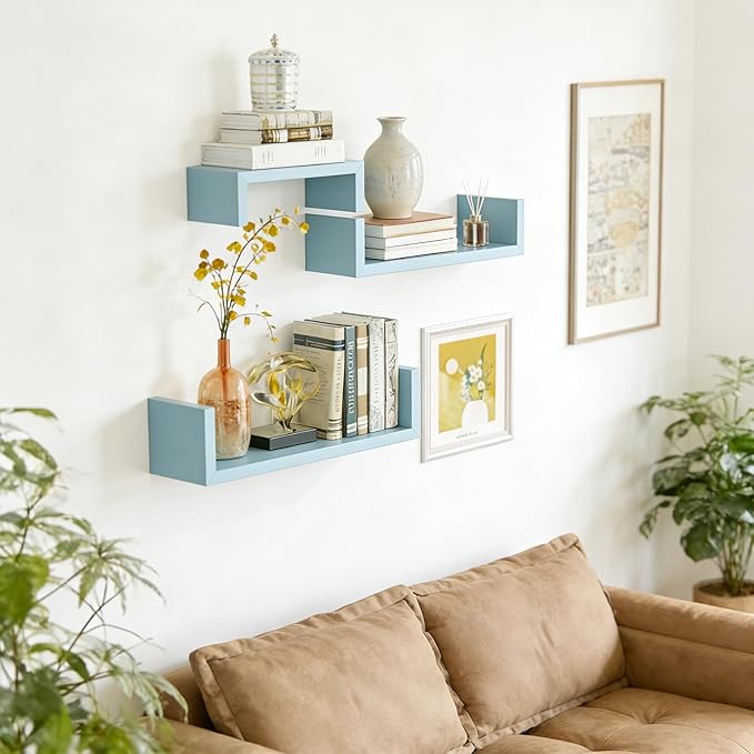 SRIWATANA Floating U Shelves Wall Mounted, Solid Wood Wall Shelves Set of 3 (Blue)
