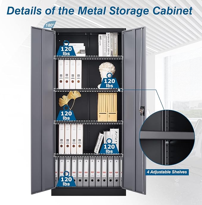 Metal Garage Storage Cabinet, 71" Tall Cabinet with 4 Adjustable Shelves, Metal File Cabinets with Lockable Doors for Garage, Home Office, Gym, School, Utility Room (Grey Black, Assembly)