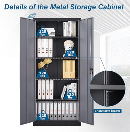 Metal Garage Storage Cabinet, 71" Tall Cabinet with 4 Adjustable Shelves, Metal File Cabinets with Lockable Doors for Garage, Home Office, Gym, School, Utility Room (Grey Black, Assembly)