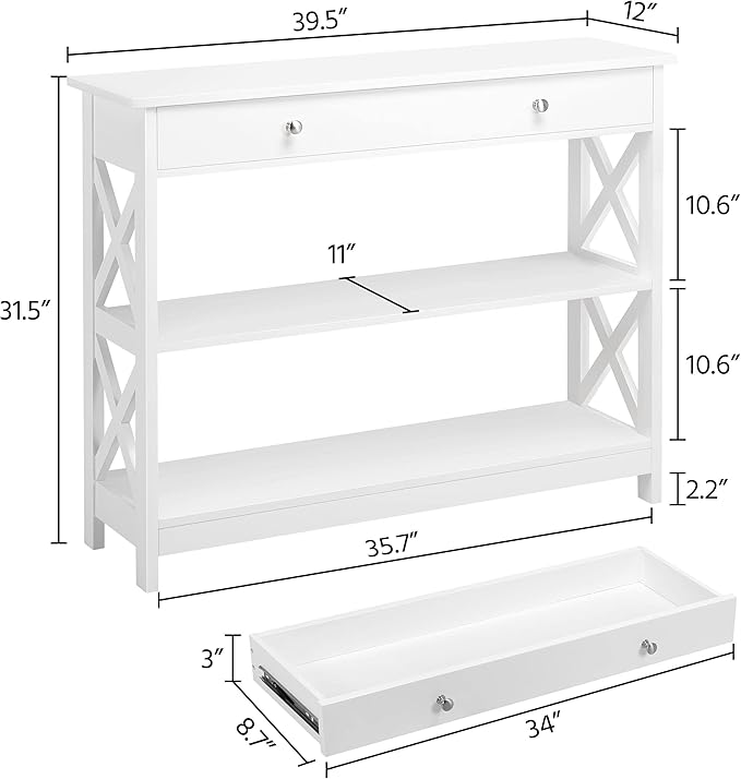 Yaheetech Console Table with Drawer, 3-Tier Entryway Table with Storage Shelves, Wood Narrow Sofa Table for Entryway/Hallway/Living Room, White