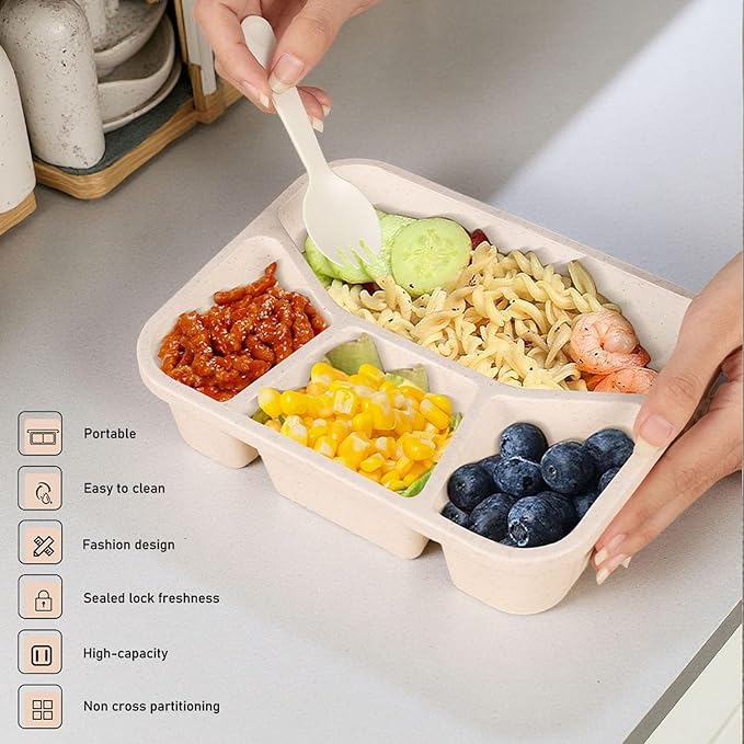 Bento Box Adult Lunch Box 4 Pack Lunch Containers 4-Compartment Reusable Food Storage Snack Containers Dishwasher Safe Stackable for Work & Travel