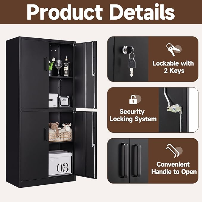 Metal Storage Cabinets with Locking Doors,71" Tall Garage Cabinet with 3 Adjustable Shelves, Lockable Steel Office Storage Caninet Tool Caninets for Home Office,Garage, Pantry